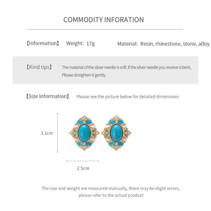 Retro Oval Enamel Stone Stud Earrings For Women In Golden Color