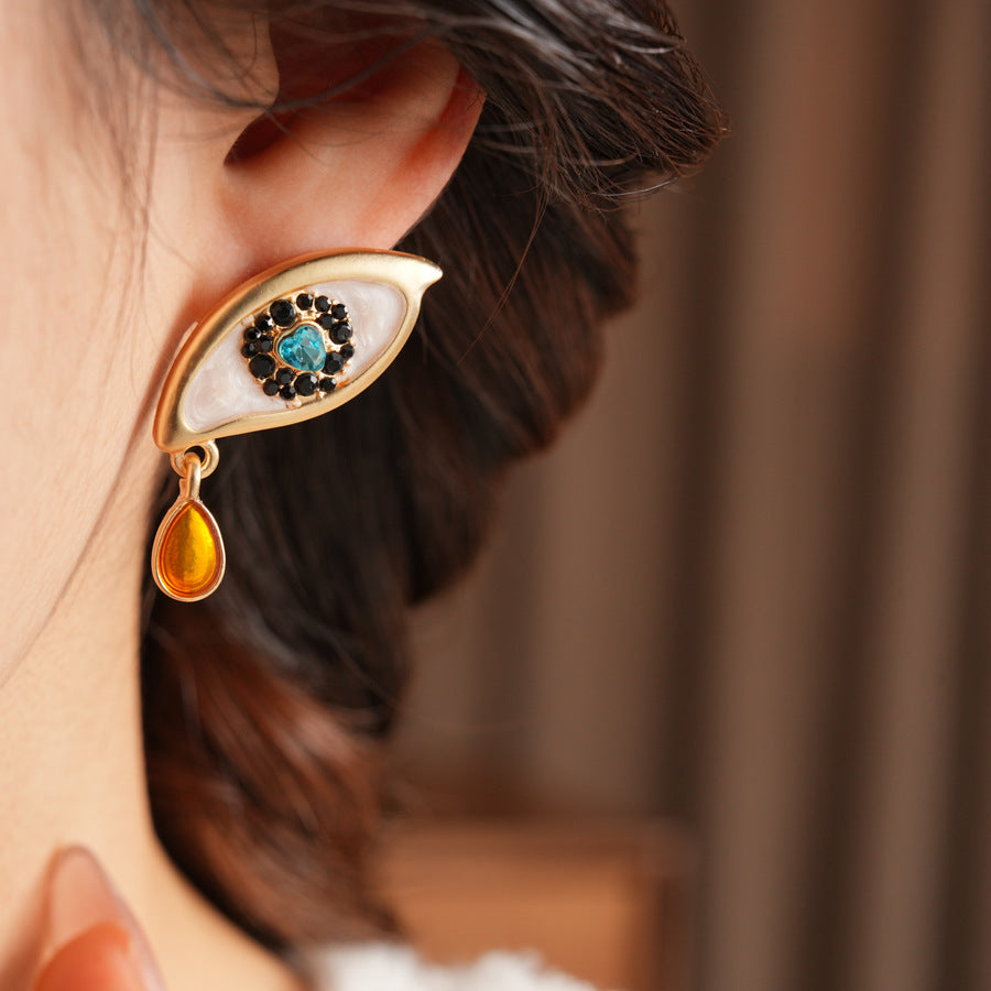 Retro Golden Enamel Alloy Stud Earrings For Women Featuring Eye Pattern