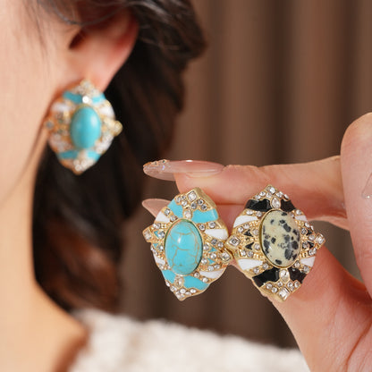 Retro Oval Enamel Stone Stud Earrings For Women In Golden Color