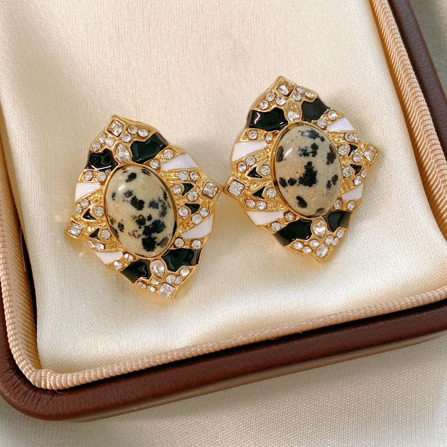 Retro Oval Enamel Stone Stud Earrings For Women In Golden Color