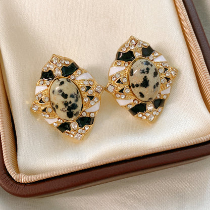 Retro Oval Enamel Stone Stud Earrings For Women In Golden Color