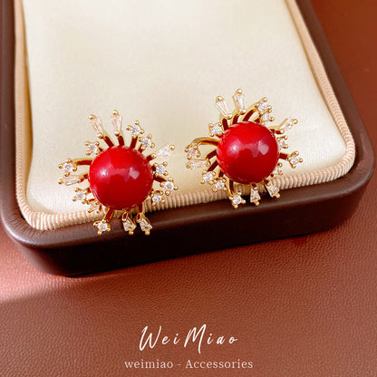 Flowers Earrings For Women In Golden Resin With Zircon Inlay