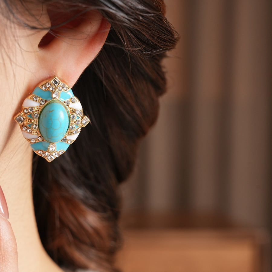 Retro Oval Enamel Stone Stud Earrings For Women In Golden Color