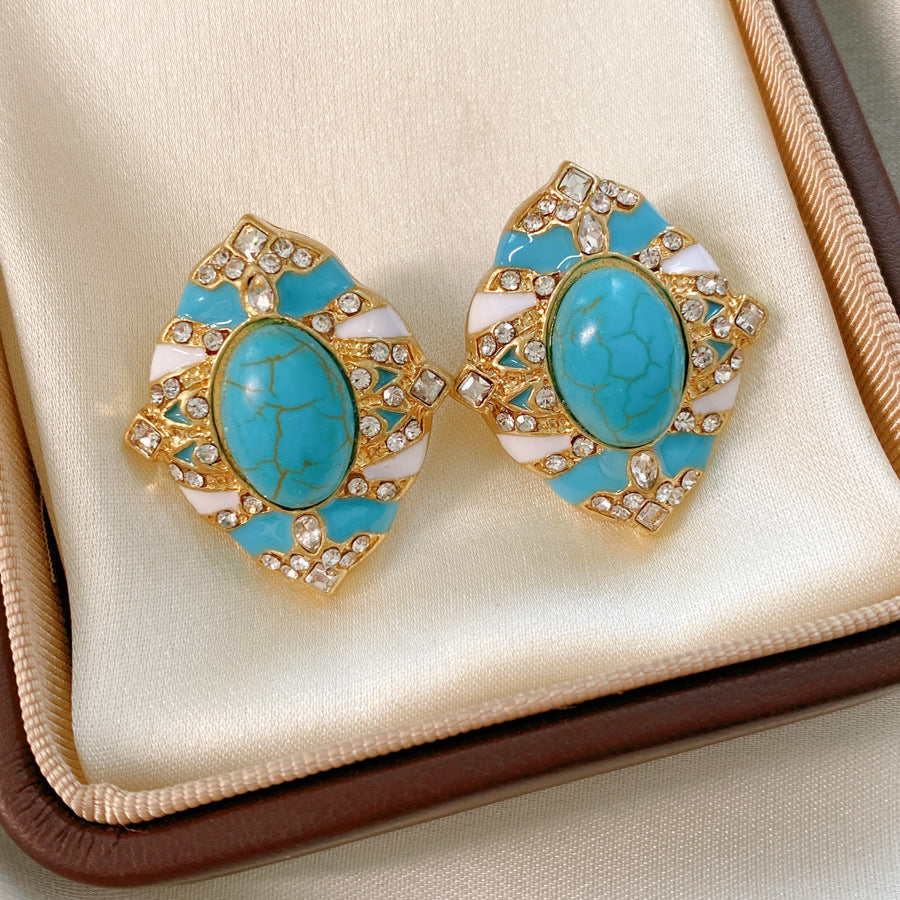 Retro Oval Enamel Stone Stud Earrings For Women In Golden Color