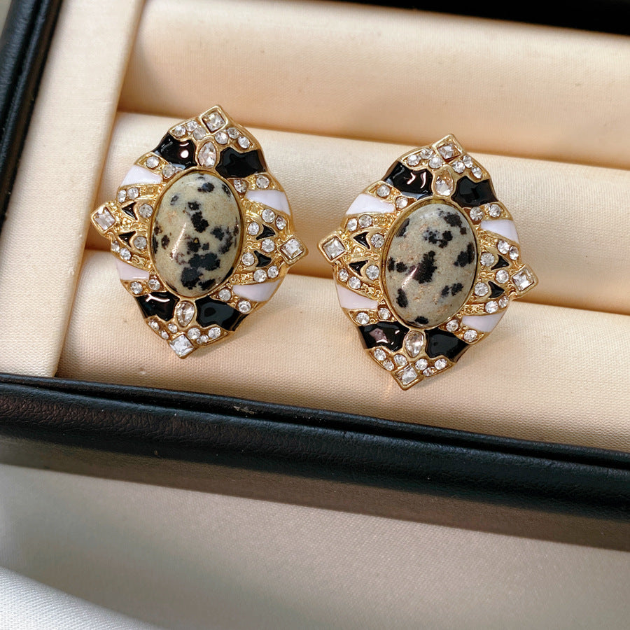 Retro Oval Enamel Stone Stud Earrings For Women In Golden Color