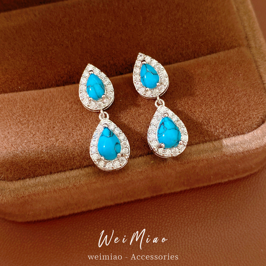 Retro Water Droplets Stud Earrings For Women Featuring Resin And Zircon Inlay