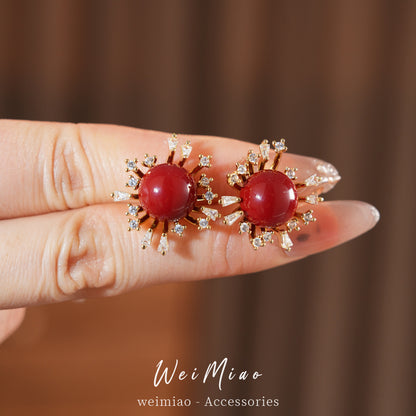 Flowers Earrings For Women In Golden Resin With Zircon Inlay