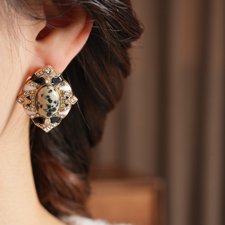 Retro Oval Enamel Stone Stud Earrings For Women In Golden Color