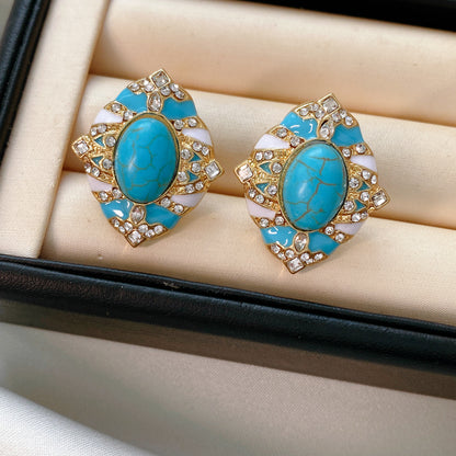 Retro Oval Enamel Stone Stud Earrings For Women In Golden Color