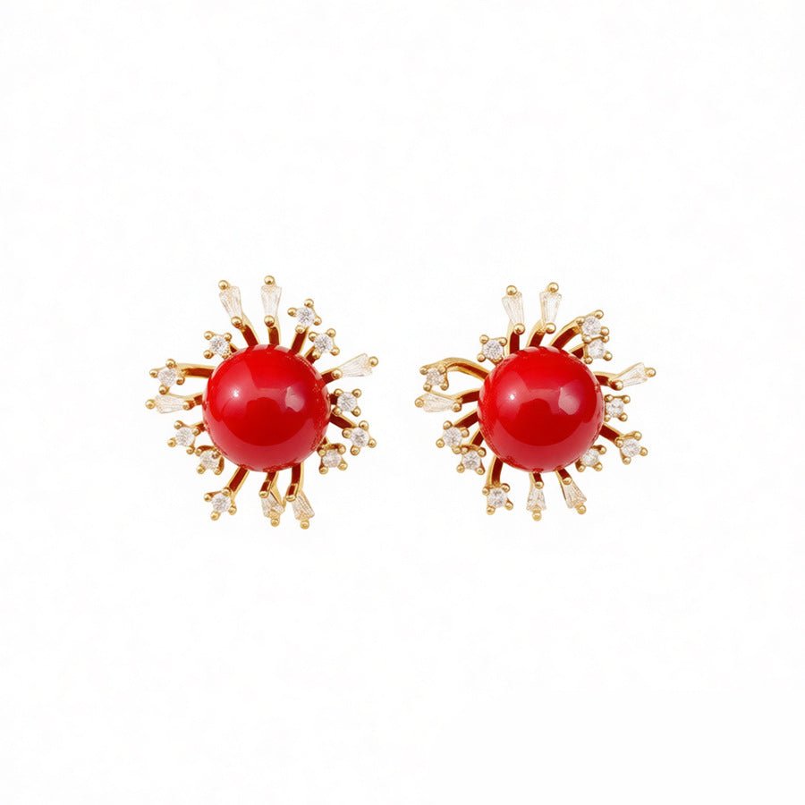 Flowers Earrings For Women In Golden Resin With Zircon Inlay