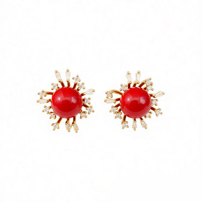 Flowers Earrings For Women In Golden Resin With Zircon Inlay