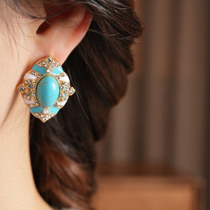 Retro Oval Enamel Stone Stud Earrings For Women In Golden Color