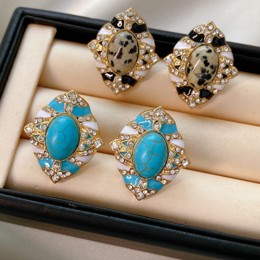 Retro Oval Enamel Stone Stud Earrings For Women In Golden Color