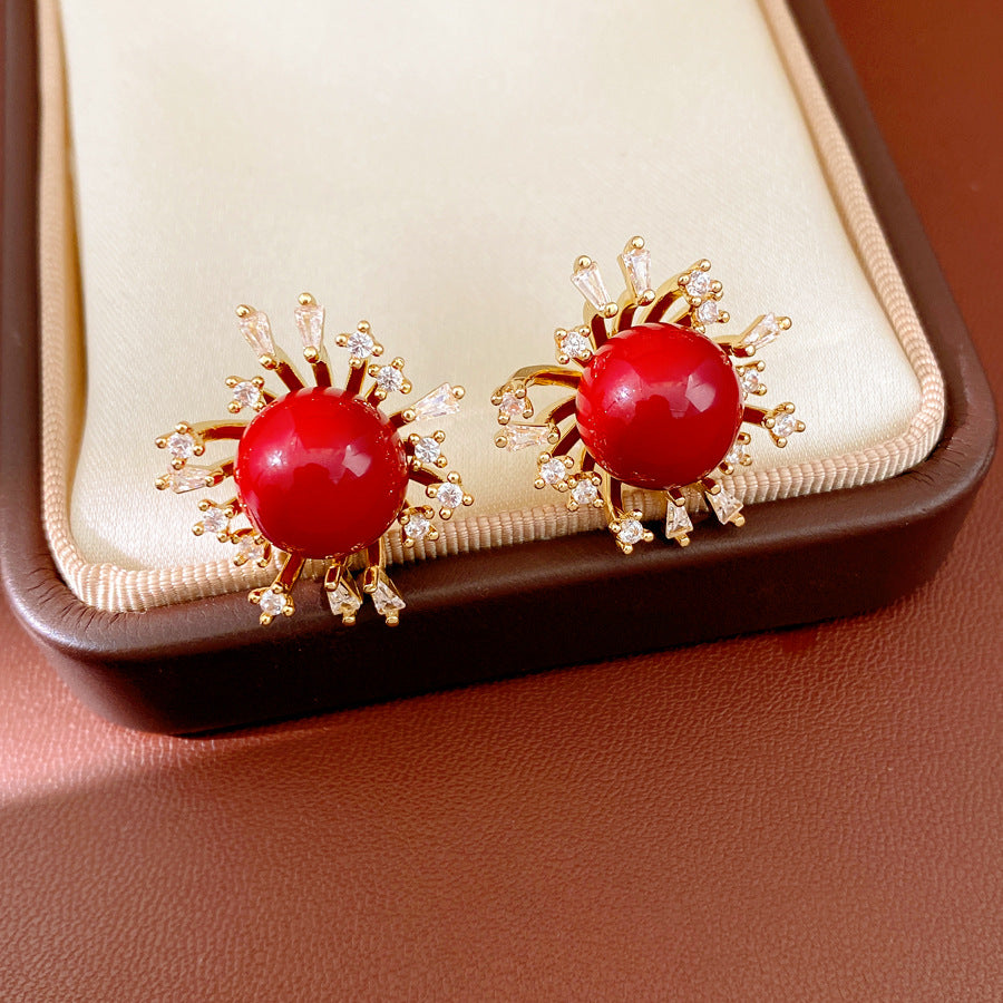 Flowers Earrings For Women In Golden Resin With Zircon Inlay