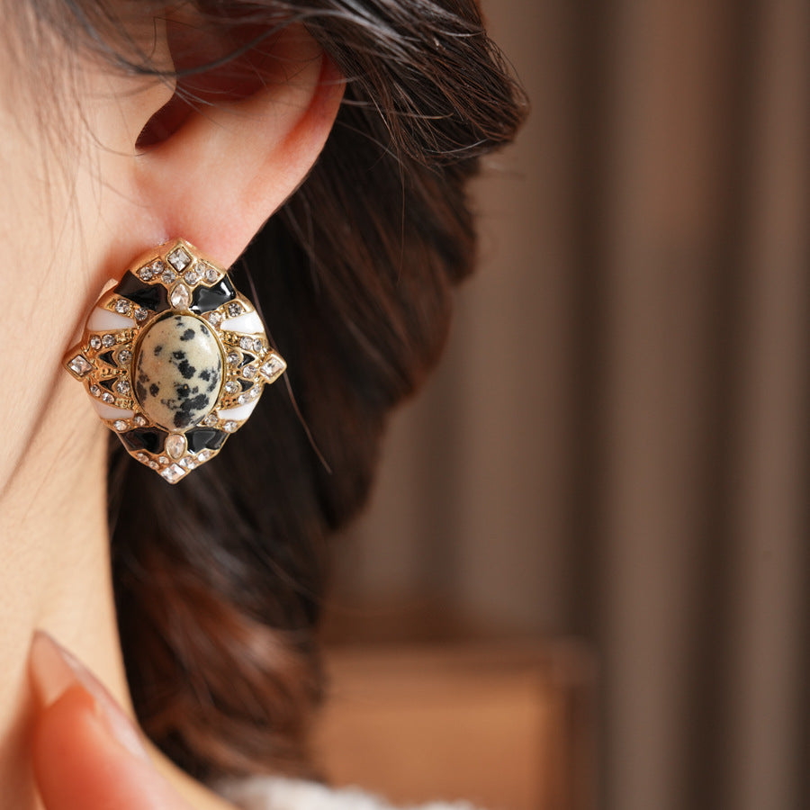 Retro Oval Enamel Stone Stud Earrings For Women In Golden Color