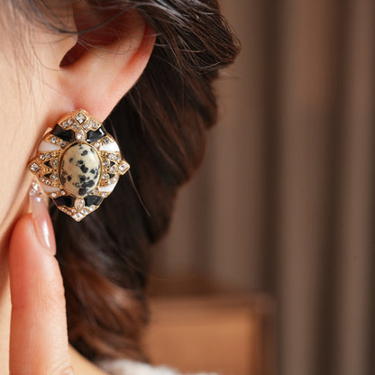 Retro Oval Enamel Stone Stud Earrings For Women In Golden Color