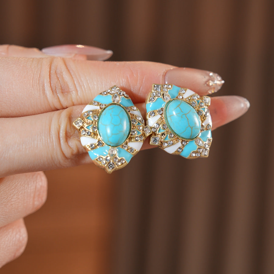 Retro Oval Enamel Stone Stud Earrings For Women In Golden Color