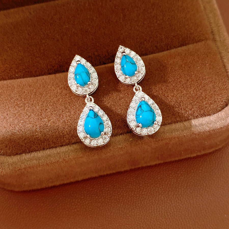 Retro Water Droplets Stud Earrings For Women Featuring Resin And Zircon Inlay