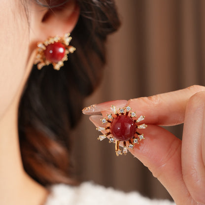 Flowers Earrings For Women In Golden Resin With Zircon Inlay