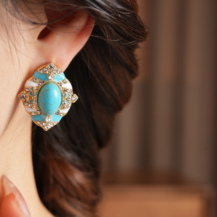 Retro Oval Enamel Stone Stud Earrings For Women In Golden Color