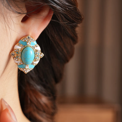 Retro Oval Enamel Stone Stud Earrings For Women In Golden Color
