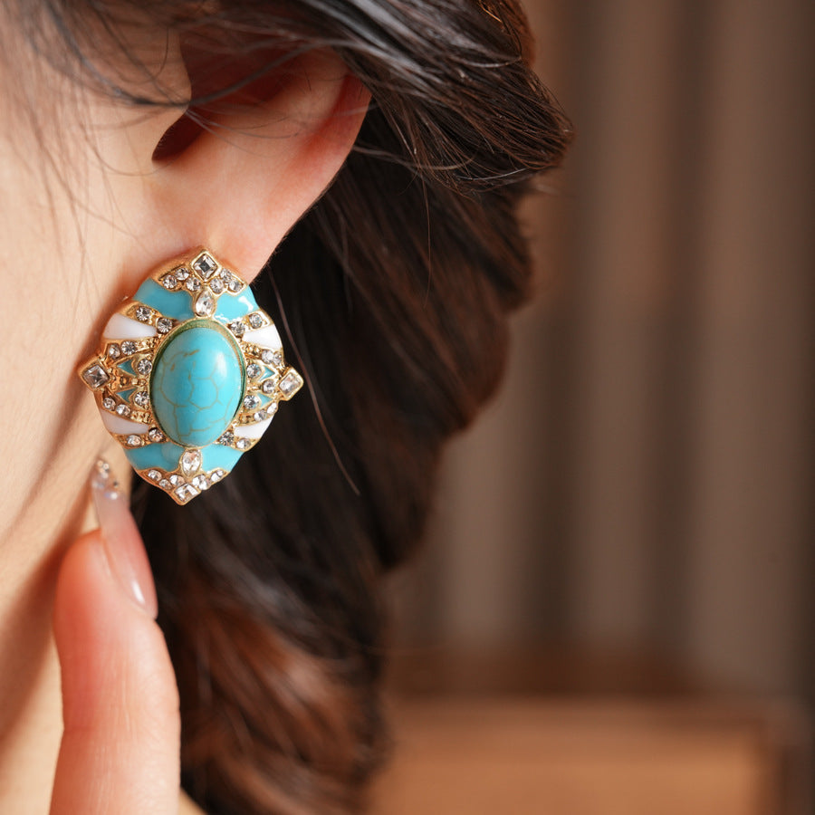 Retro Oval Enamel Stone Stud Earrings For Women In Golden Color
