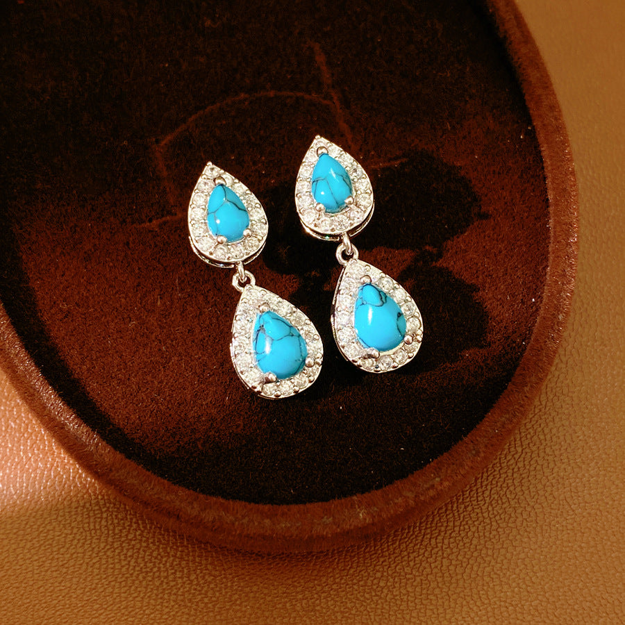 Retro Water Droplets Stud Earrings For Women Featuring Resin And Zircon Inlay