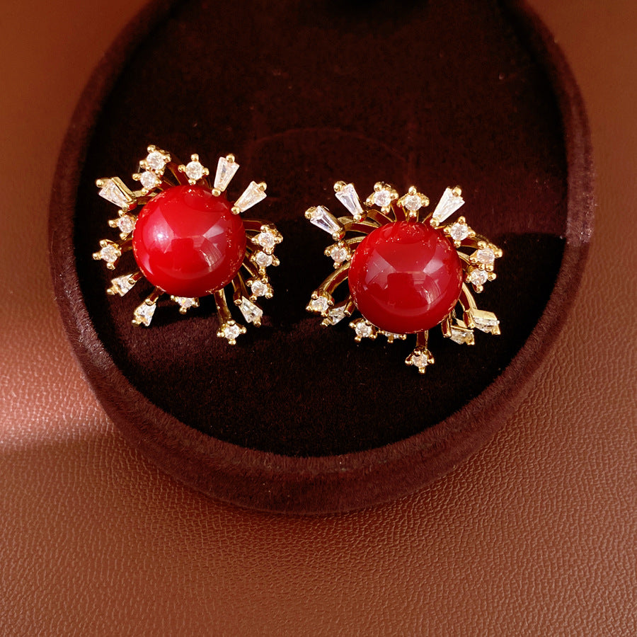 Flowers Earrings For Women In Golden Resin With Zircon Inlay