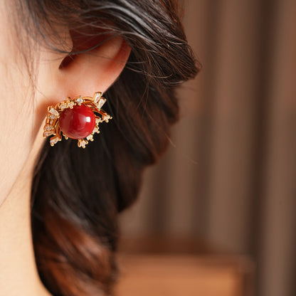 Flowers Earrings For Women In Golden Resin With Zircon Inlay