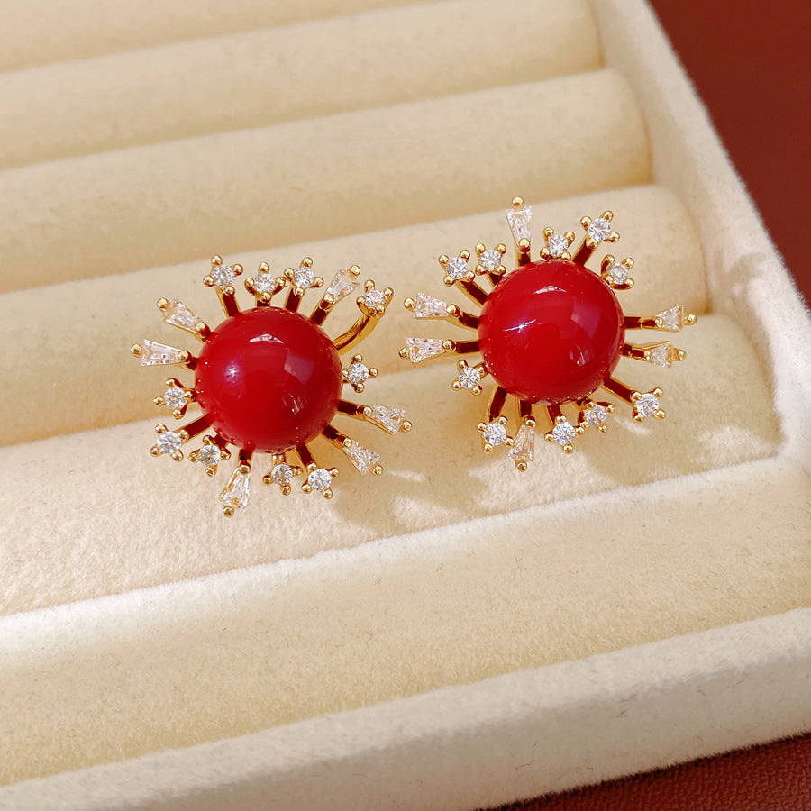 Flowers Earrings For Women In Golden Resin With Zircon Inlay