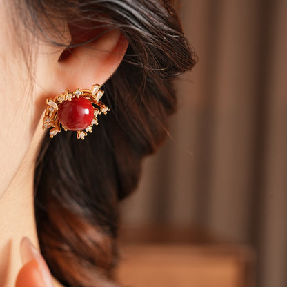 Flowers Earrings For Women In Golden Resin With Zircon Inlay