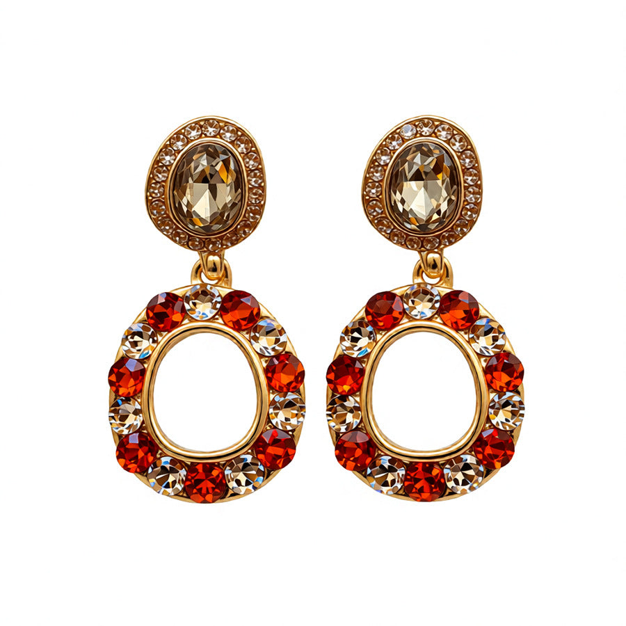 Round Retro Stud Earrings For Women In Golden Alloy With Rhinestones Inlay