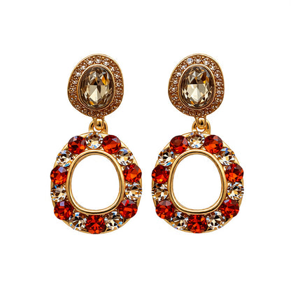 Round Retro Stud Earrings For Women In Golden Alloy With Rhinestones Inlay