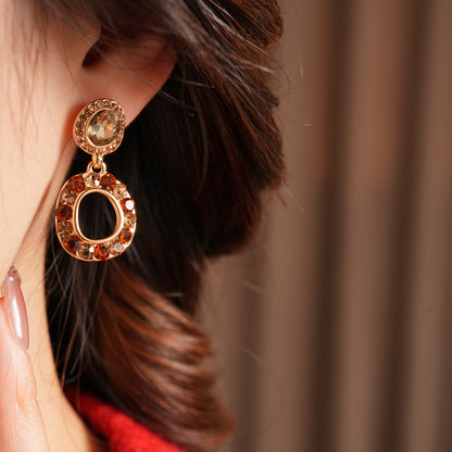 Round Retro Stud Earrings For Women In Golden Alloy With Rhinestones Inlay