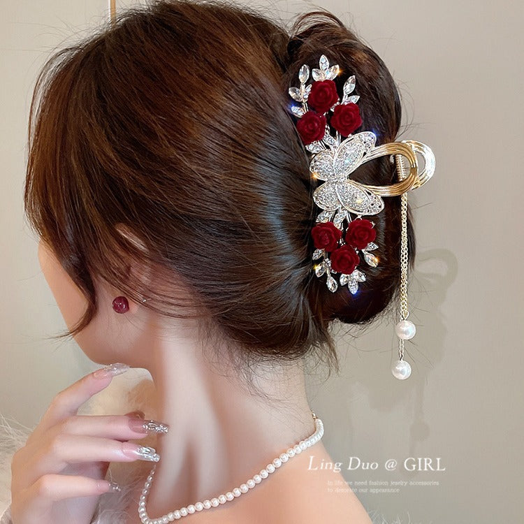 Rose Hair Claw Hairpin In Red Alloy, Elegant Floral Hair Accessory For Stylish Looks