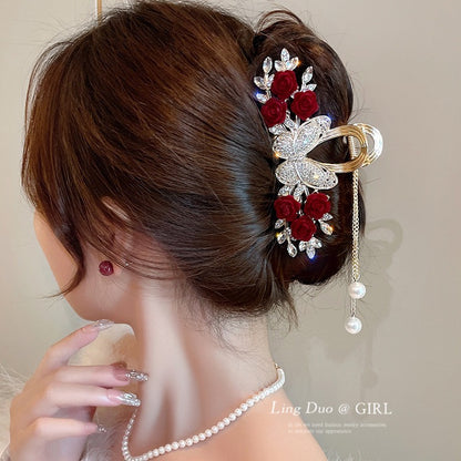 Rose Hair Claw Hairpin In Red Alloy, Elegant Floral Hair Accessory For Stylish Looks