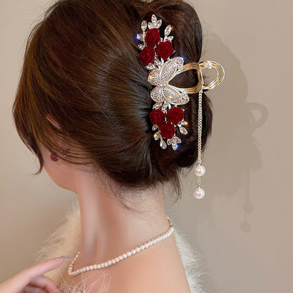 Rose Hair Claw Hairpin In Red Alloy, Elegant Floral Hair Accessory For Stylish Looks