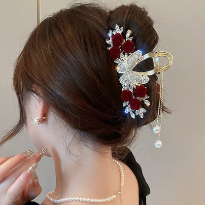 Rose Hair Claw Hairpin In Red Alloy, Elegant Floral Hair Accessory For Stylish Looks