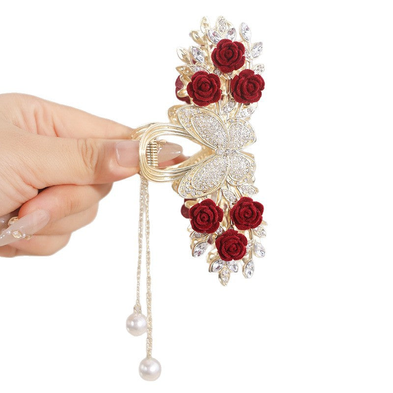 Rose Hair Claw Hairpin In Red Alloy, Elegant Floral Hair Accessory For Stylish Looks