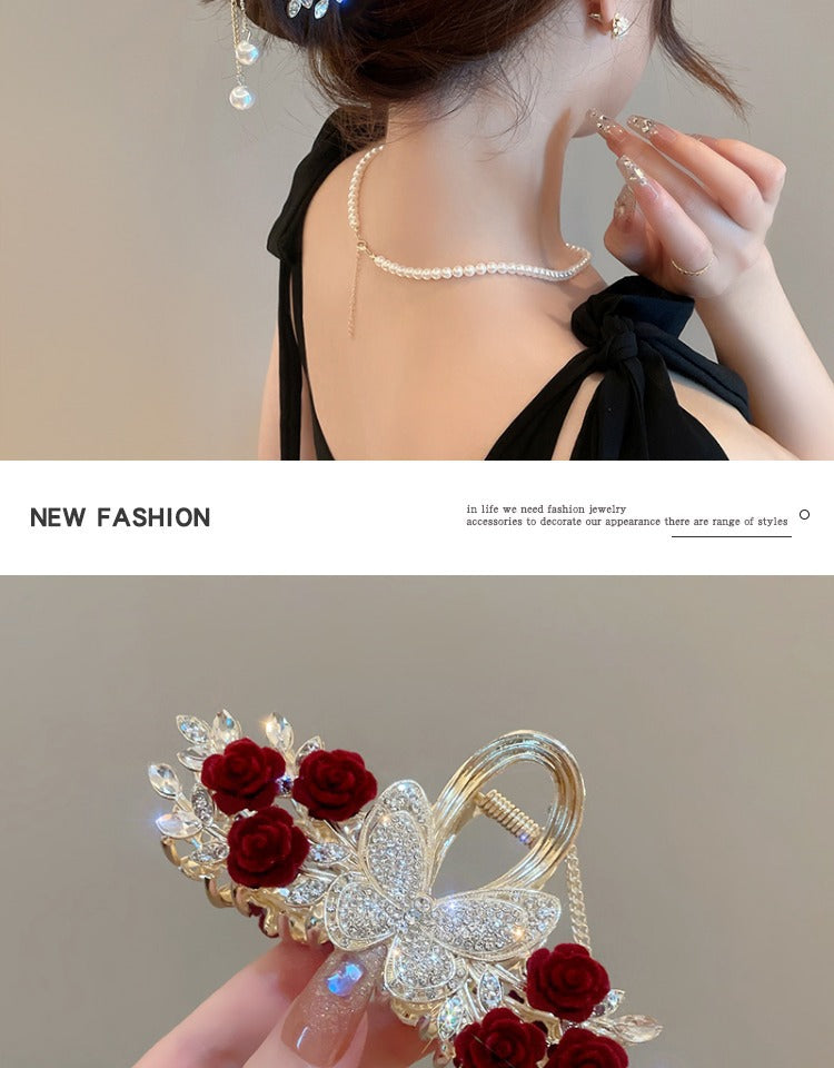 Rose Hair Claw Hairpin In Red Alloy, Elegant Floral Hair Accessory For Stylish Looks