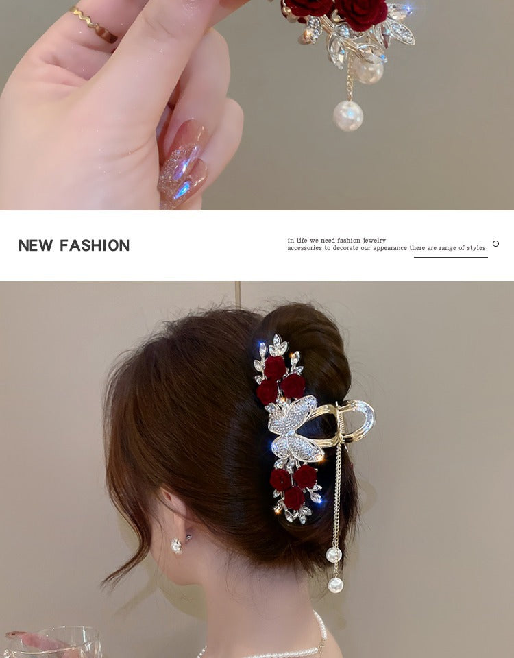 Rose Hair Claw Hairpin In Red Alloy, Elegant Floral Hair Accessory For Stylish Looks