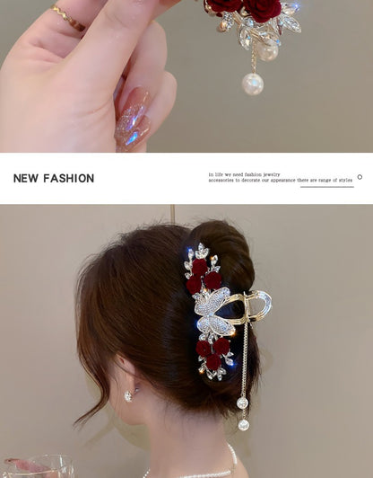 Rose Hair Claw Hairpin In Red Alloy, Elegant Floral Hair Accessory For Stylish Looks