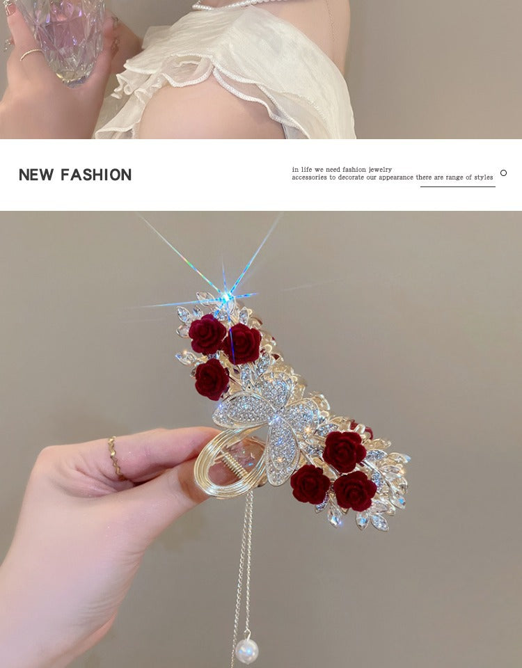 Rose Hair Claw Hairpin In Red Alloy, Elegant Floral Hair Accessory For Stylish Looks