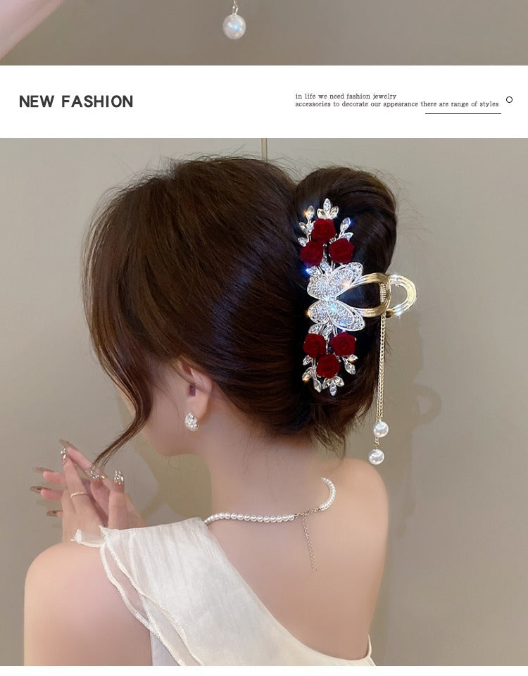 Rose Hair Claw Hairpin In Red Alloy, Elegant Floral Hair Accessory For Stylish Looks