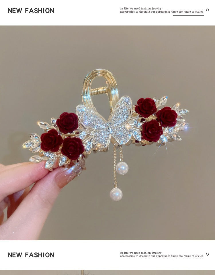 Rose Hair Claw Hairpin In Red Alloy, Elegant Floral Hair Accessory For Stylish Looks