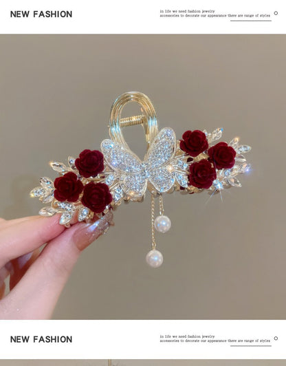 Rose Hair Claw Hairpin In Red Alloy, Elegant Floral Hair Accessory For Stylish Looks