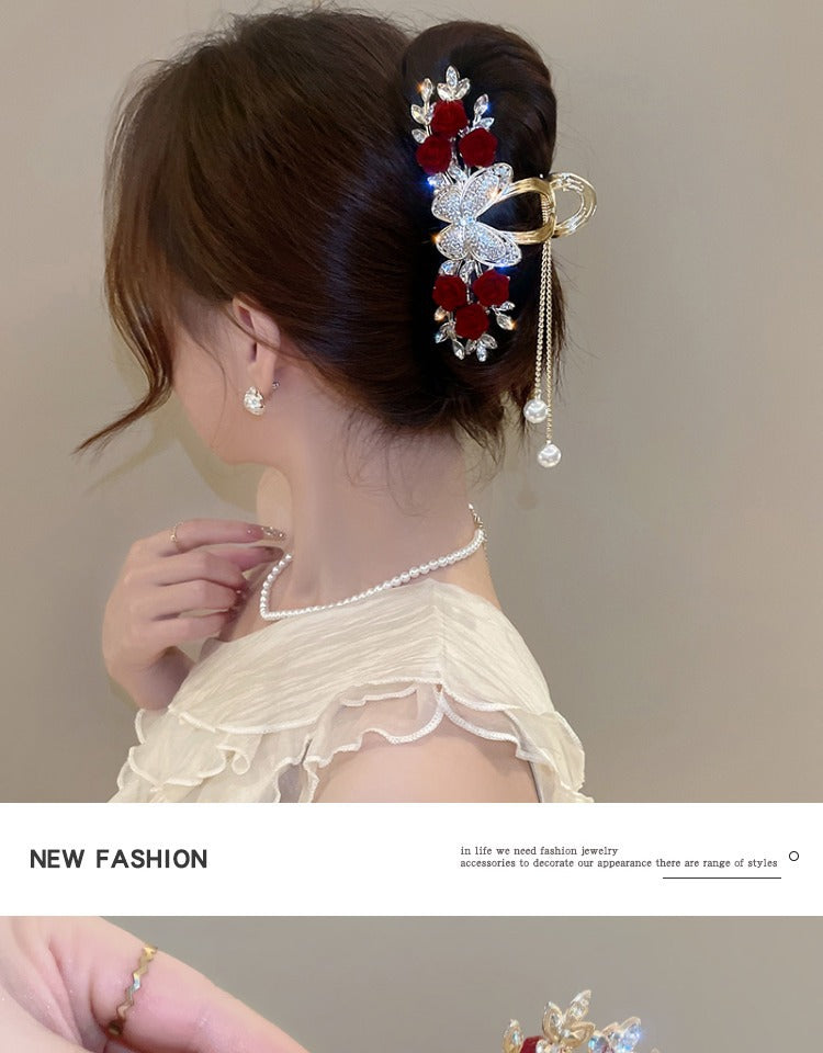 Rose Hair Claw Hairpin In Red Alloy, Elegant Floral Hair Accessory For Stylish Looks