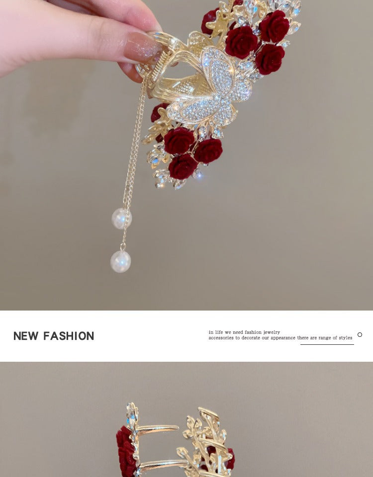 Rose Hair Claw Hairpin In Red Alloy, Elegant Floral Hair Accessory For Stylish Looks