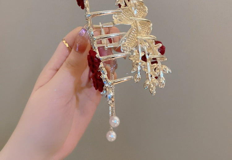 Rose Hair Claw Hairpin In Red Alloy, Elegant Floral Hair Accessory For Stylish Looks