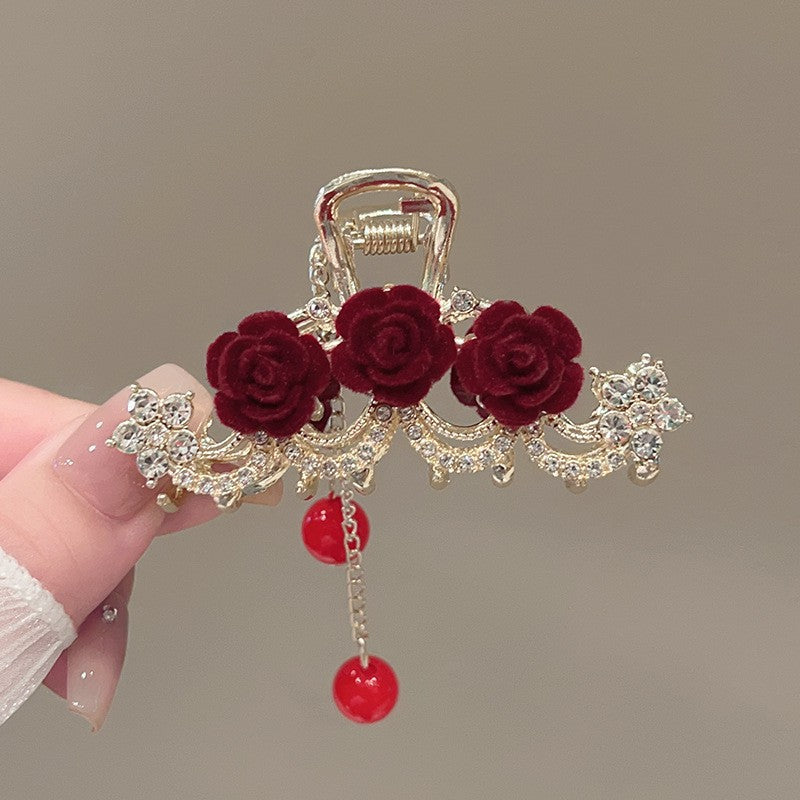 Rose Hair Claw Hairpin In Red Alloy, Elegant Floral Hair Accessory For Stylish Looks